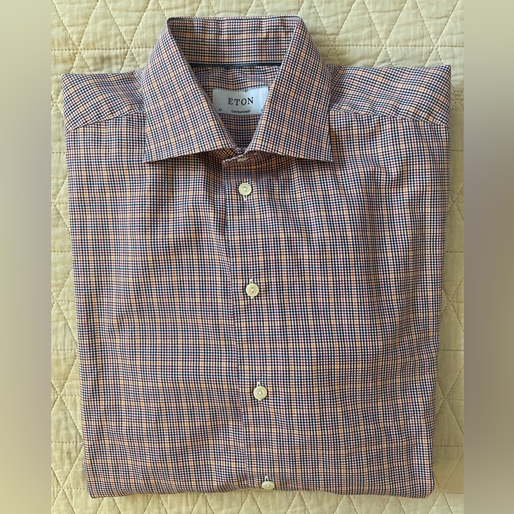 ETON Contemporary Multicolor Mini Check Print Spread Collar Shirt 41/16 $270